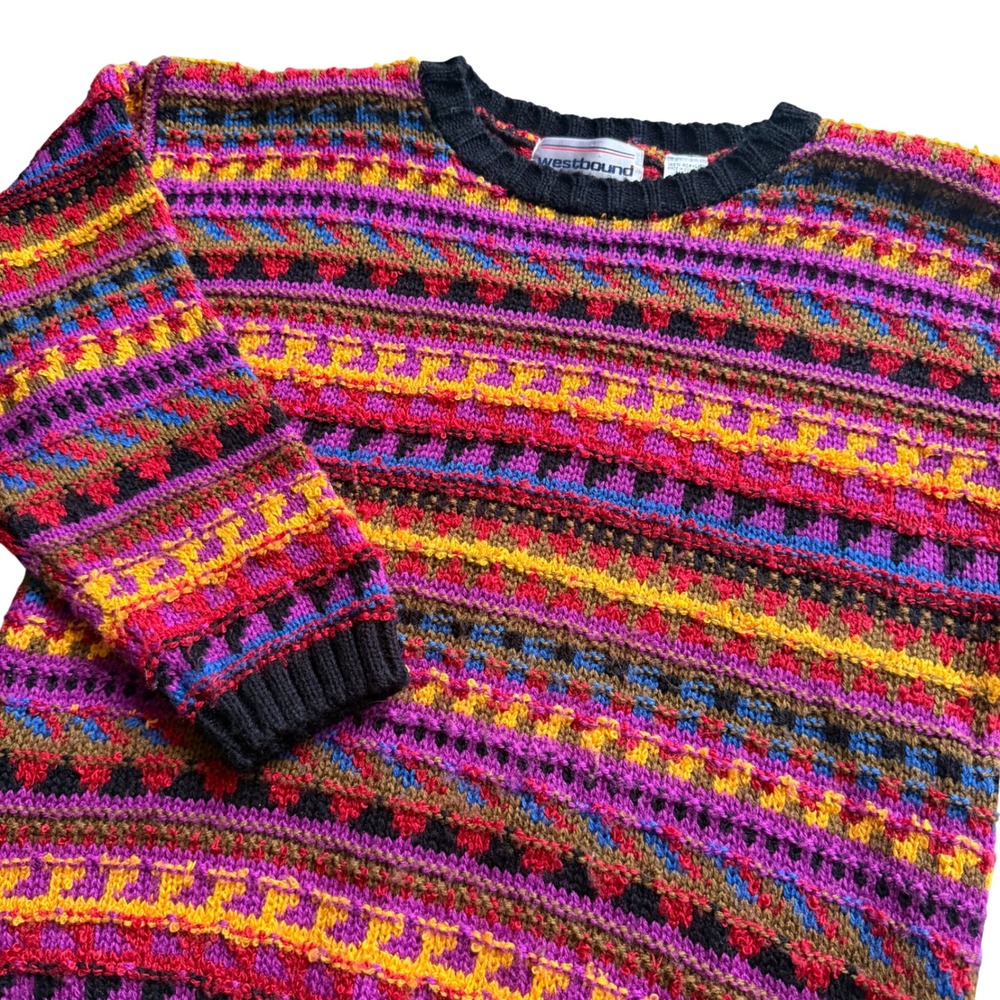 Westbound Vintage coogi like 3d Geometric Knit Crewneck Sweater Mens Large bold - Picture 2 of 4